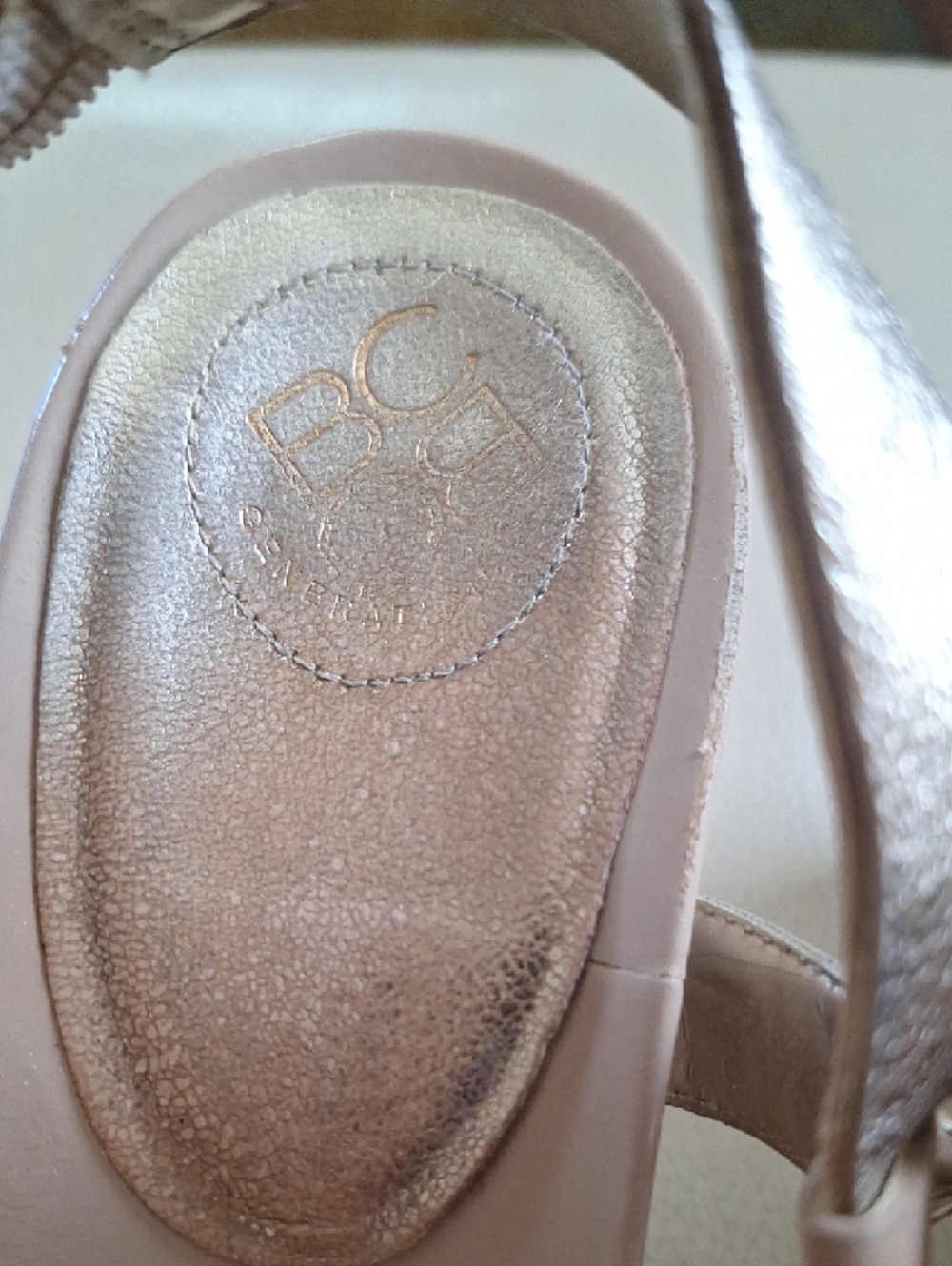 BCBGeneration Metallic Gold Wedge T-Strap Sandals - Picture 2 of 10